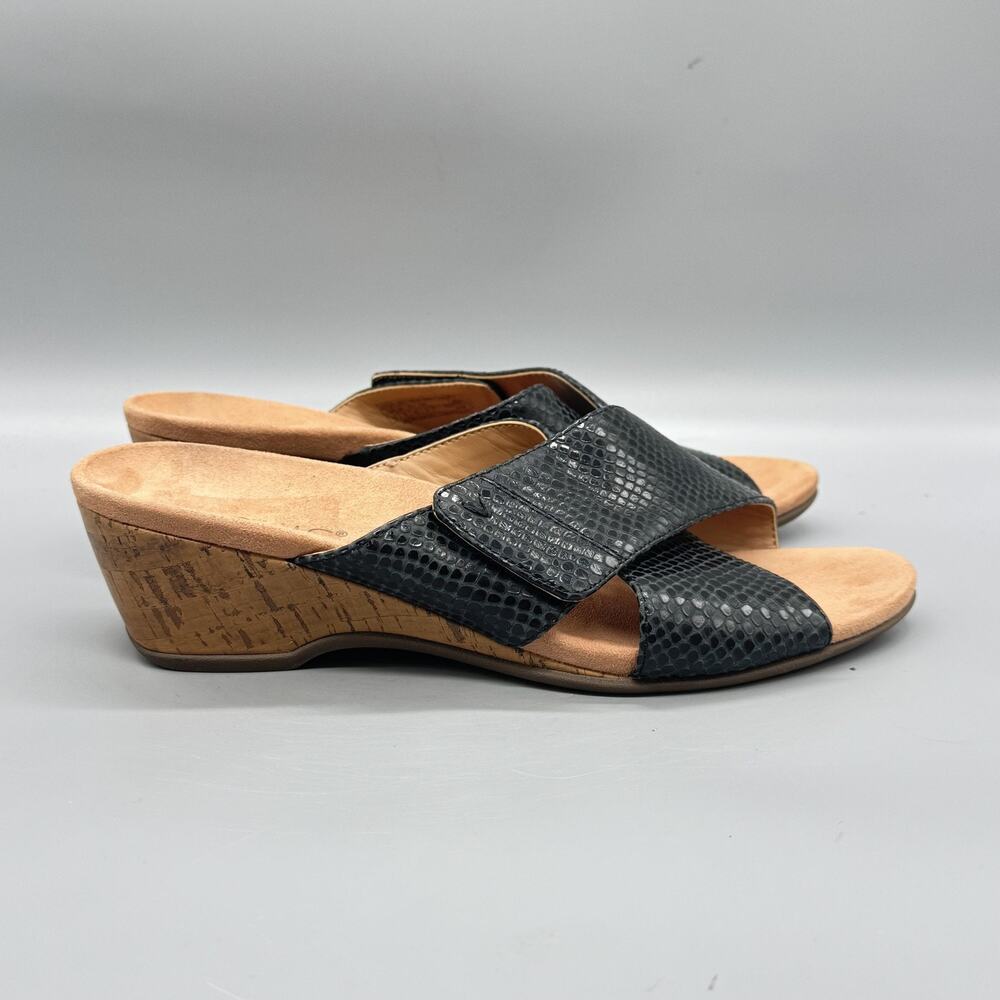 Vionic Sandals Womens 10 Black Leather Leticia Lizard Slide Wedge Comfort Shoes